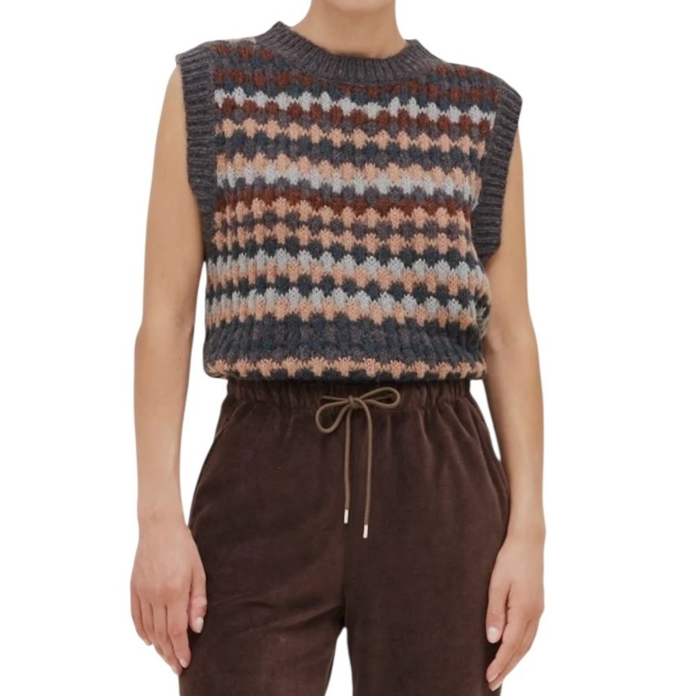 Grade & Gather Fair Isle Knit Sweater Vest Gray Brown Blue Wool Blend Size Small